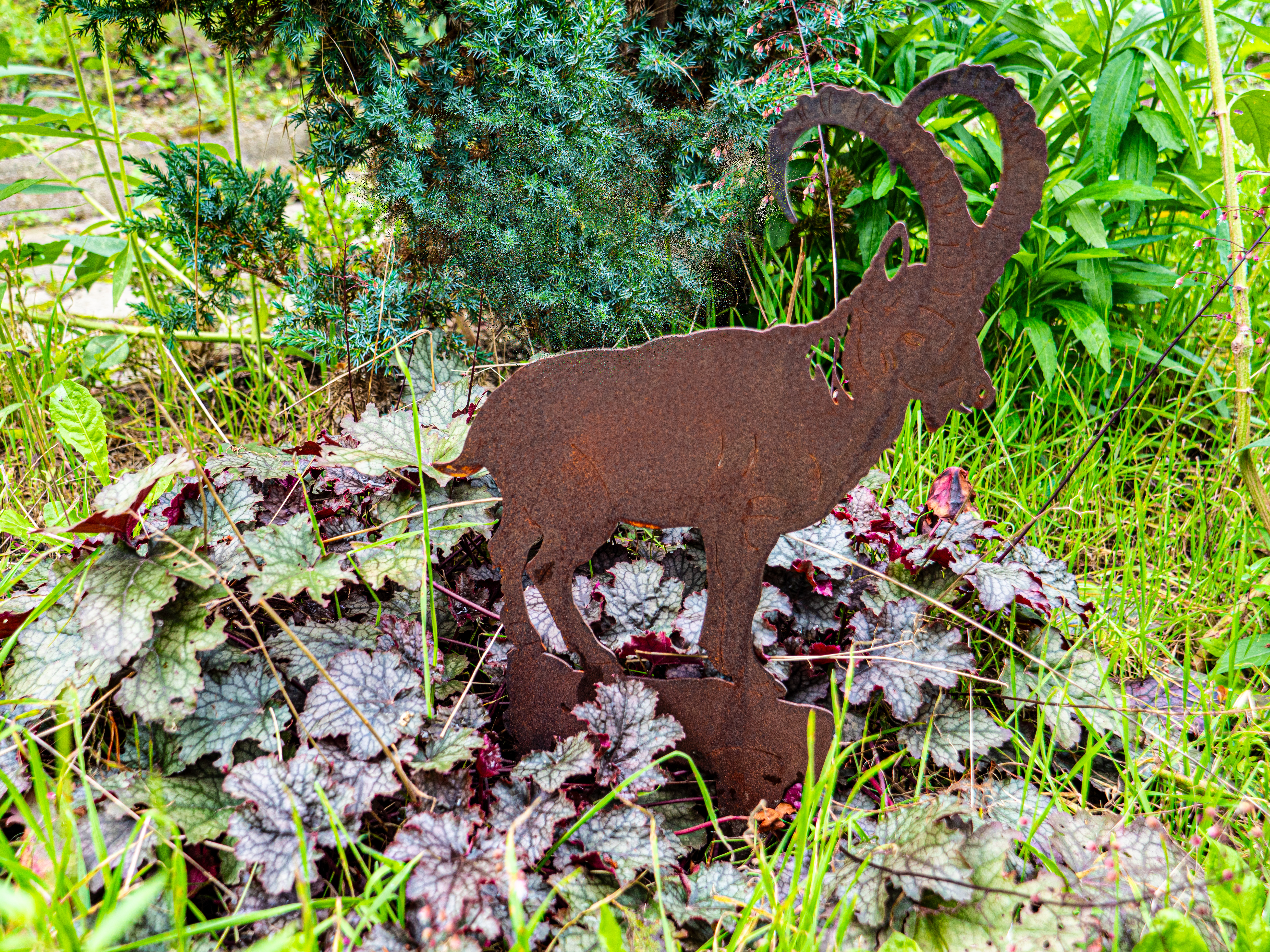 Gartendeko Steinbock Rost Ganzjahresdekoration Winter und Sommer. Tiedemann Design, Handarbeit in einer Manufaktur, mit Menschen mit einer Behinderung